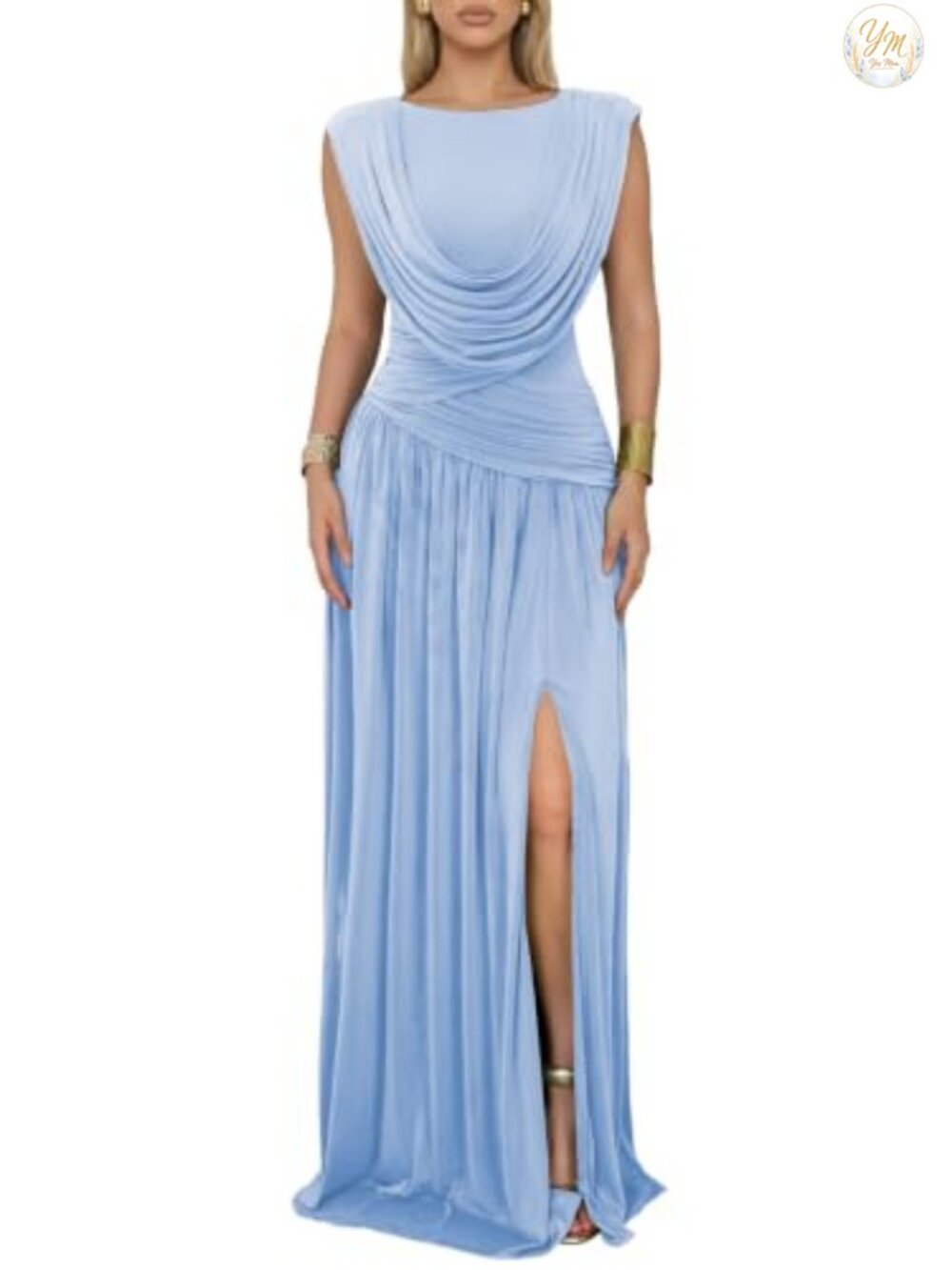 Convertible Cowl Neck Ruched Mesh Bodycon Maxi Dress with Slit Sleeveless Formal